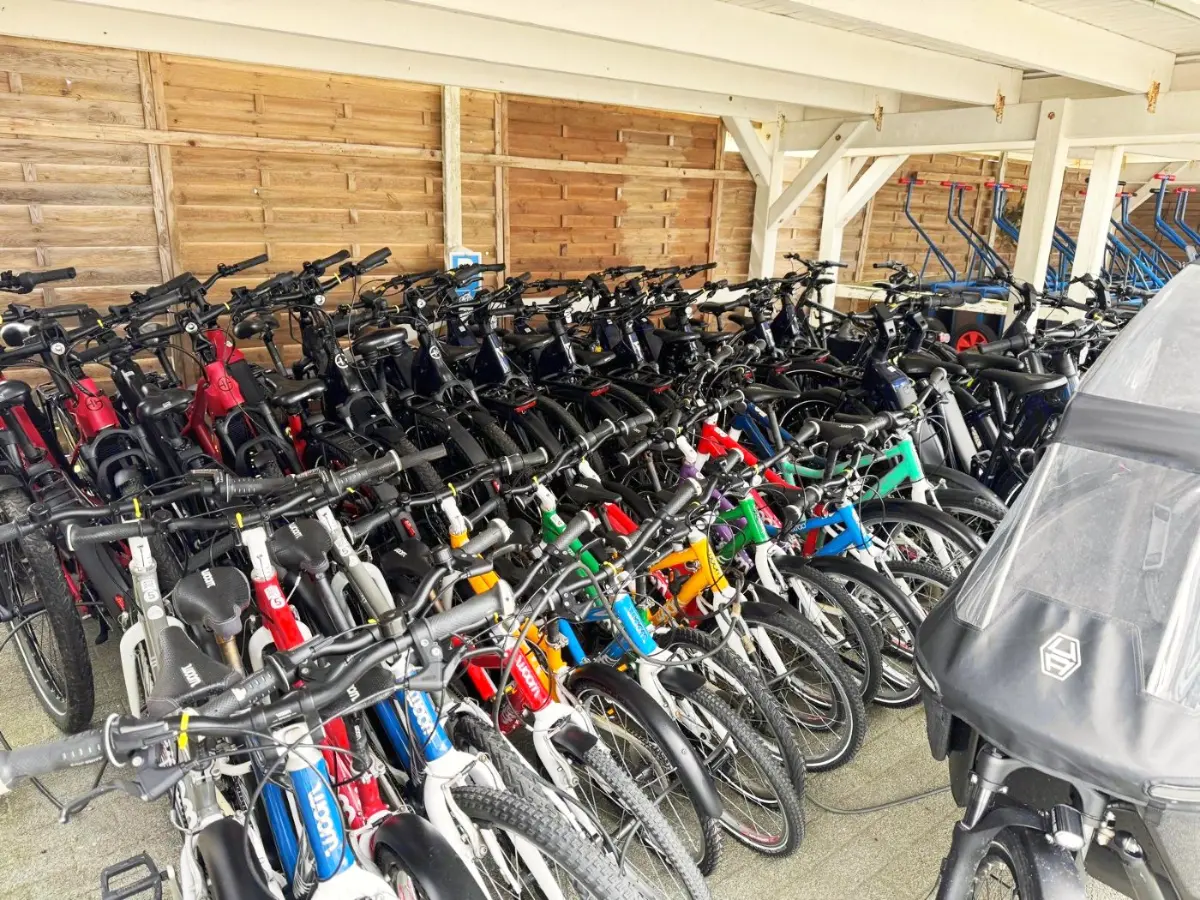 Mietflotte mit E-Bikes und Kinderrädern unter einem Carport